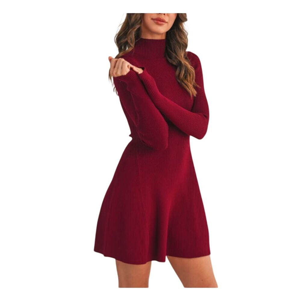 Blu Pepper Mock Neck Fit & Flare Long Sleeve Sweater Dress Juniors M Burgundy - Picture 2 of 8